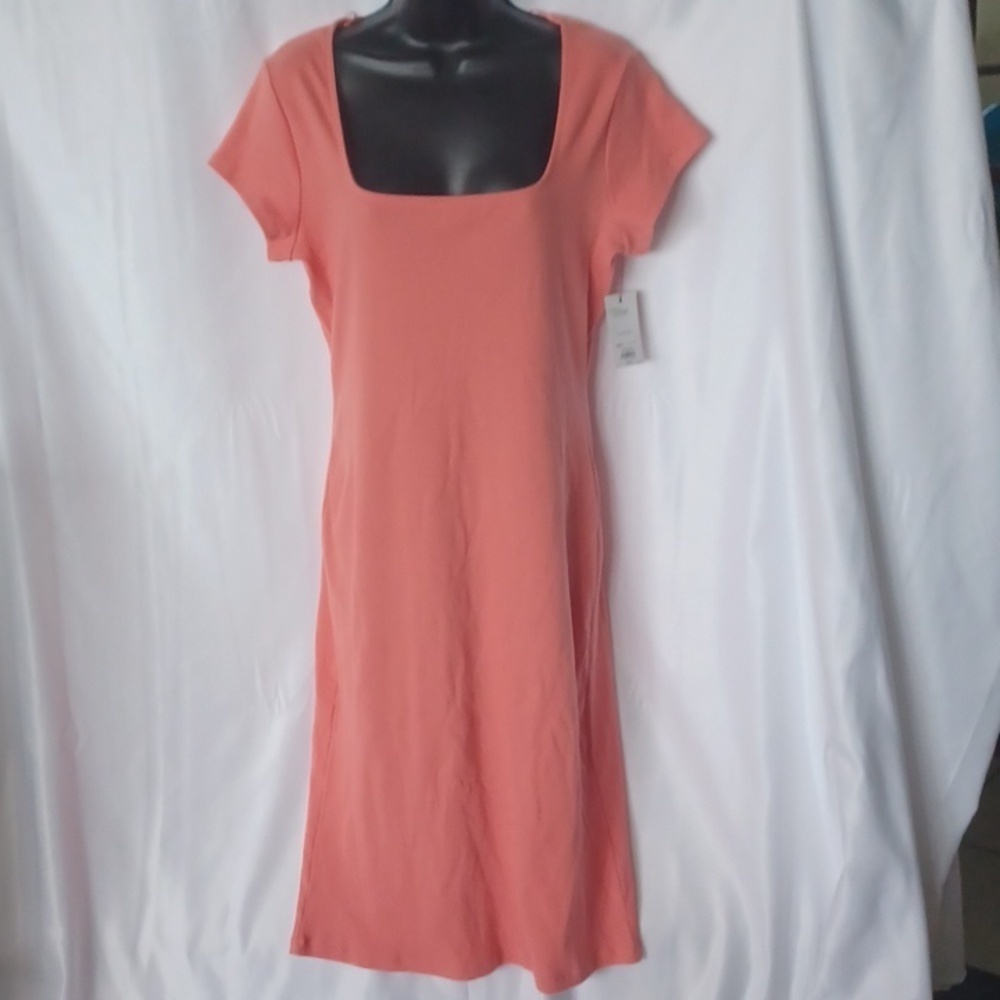 Nine West Coral Cotton Bodycon Squareneck Short Sleeve Ribbed Midi Dress XL
